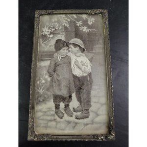 Antique Machine Woven Mini Tapestry Framed THE SECRET Ornate Metal Frame 4.5x2.5